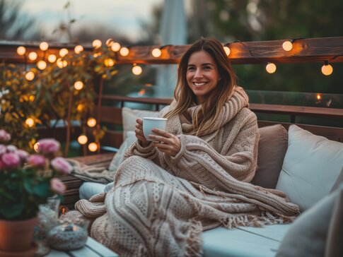 ine junge Frau sitzt lächelnd auf einer Terrasse, eingehüllt in eine große, gestrickte Decke, während sie eine Tasse hält. Die Terrasse ist mit Lichterketten beleuchtet und mit verschiedenen Pflanzen und Blumen dekoriert, die eine gemütliche und entspannte Atmosphäre schaffen.