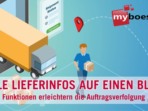 Auf dem Teaser steht: "Alle Lieferinfos auf einen Blick, Neue Funktionen erleichtern die Auftragsverfolgung". Der Hintergrund ist blau und es ist ein Männchen mit einem Paket und ein LKW zu sehen. 