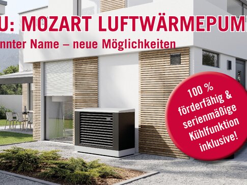 Es ist ein Teaser von der neuen Mozart Luftwärmepumpe zu sehen. Im Hintergrund sieht man ein ein neues Haus und davor steht eine Luftwärmepumpe. 