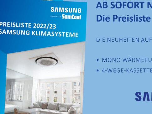 Man sieht ein Plakat über die neue Preisliste vom Jahr 2022/ 23 von den Samsung Klimasystemen. 