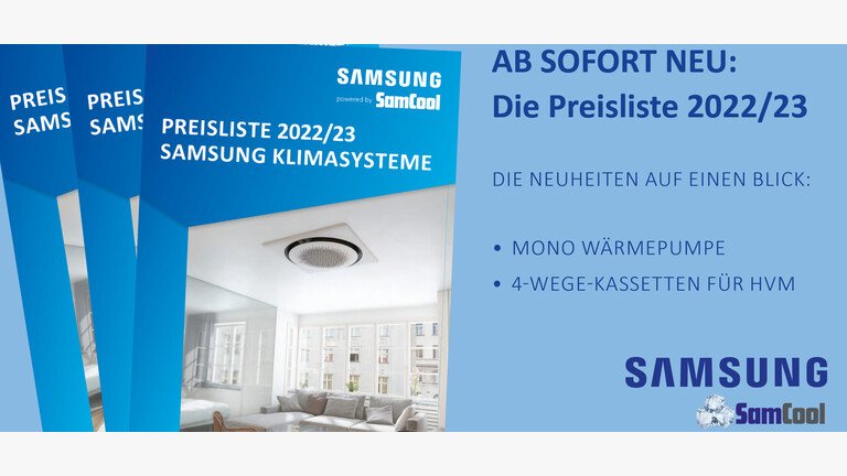 Man sieht ein Plakat über die neue Preisliste vom Jahr 2022/ 23 von den Samsung Klimasystemen. 