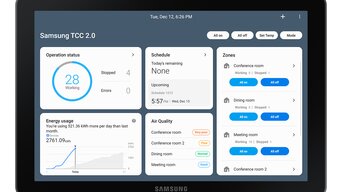 "Samsung 7-Zoll Touch-Display zur Steuerung von Raumklima und Energieverbrauch. Zeigt Betriebsstatus, Zeitpläne, Energieverbrauch und Luftqualität in verschiedenen Räumen an. | © Samsung