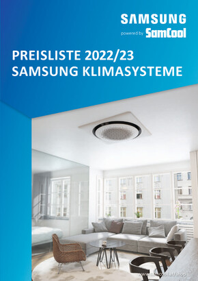 Man sieht die Preisliste aus dem Jahr 2022/ 23 von den Samsung Klimasystemen. Das Cover ist hauptsächlich blau mit einem Bild von einem Wohnzimmer darauf. 